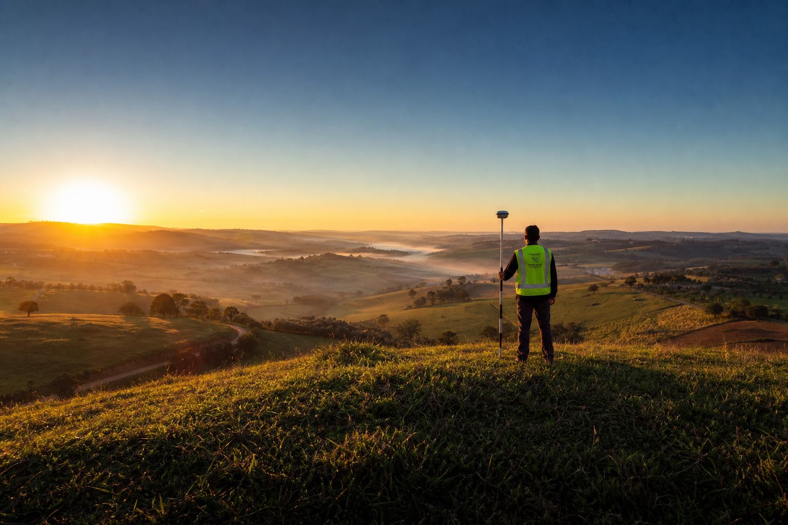 Vale rural ao amanhecer com topógrafo e receptor GNSS no morro